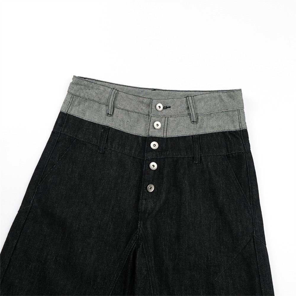 Jean homme à jambes larges – Ceinture bicolore color block et fermeture boutonnée