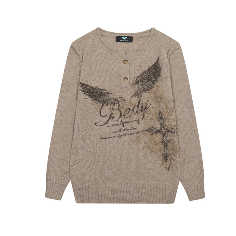 Eagle Cross Graphic Knit Sweater – Vintage American Henley Pullover