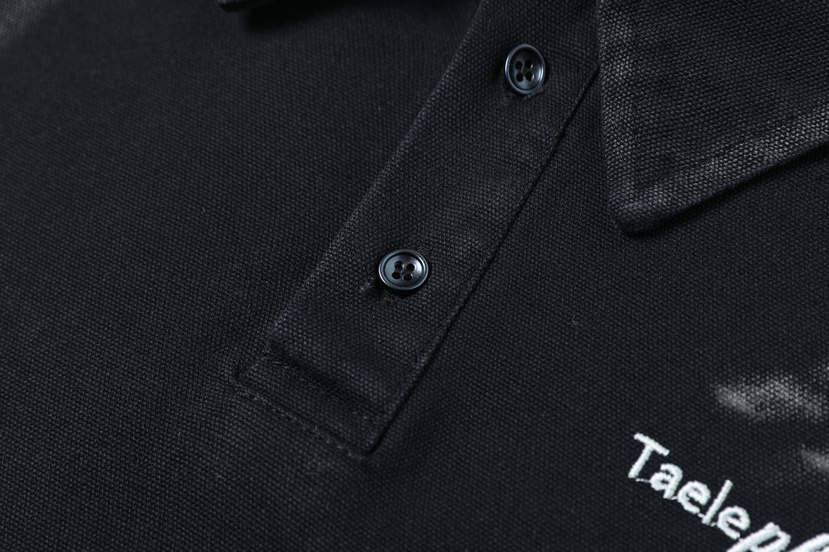Men's Washed Faux Two-Piece Polo Sweatshirt – Black Distressed Layered Top