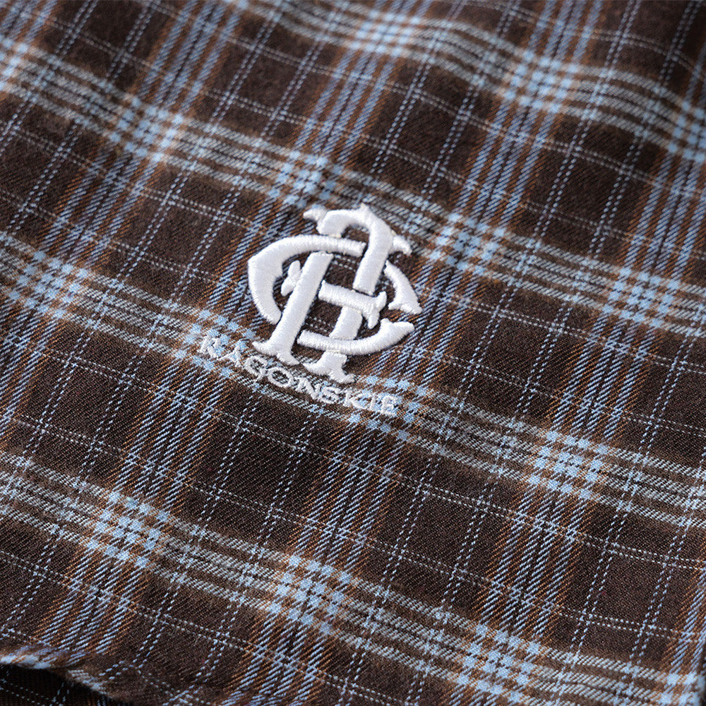 Plaid Long Sleeve Button-Up Shirt with Gothic Letter Embroidery