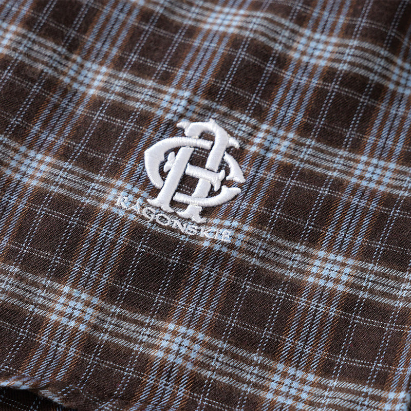 Plaid Long Sleeve Button-Up Shirt with Gothic Letter Embroidery