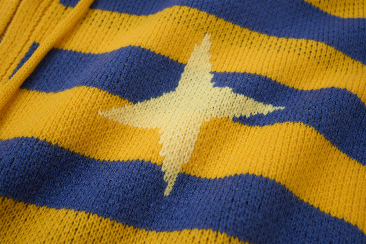 Striped Four-Point Star Jacquard Knit Zip-Up Hoodie Sweater
