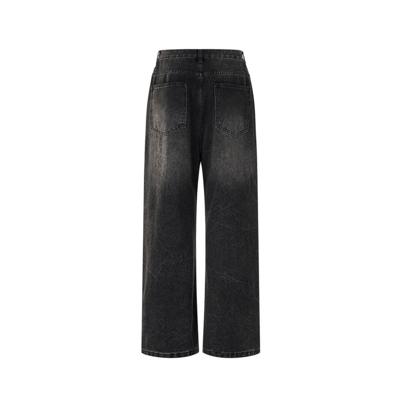 Men's Relaxed Fit Jeans – Washed Black Straight-Leg Rhinestone Star Denim