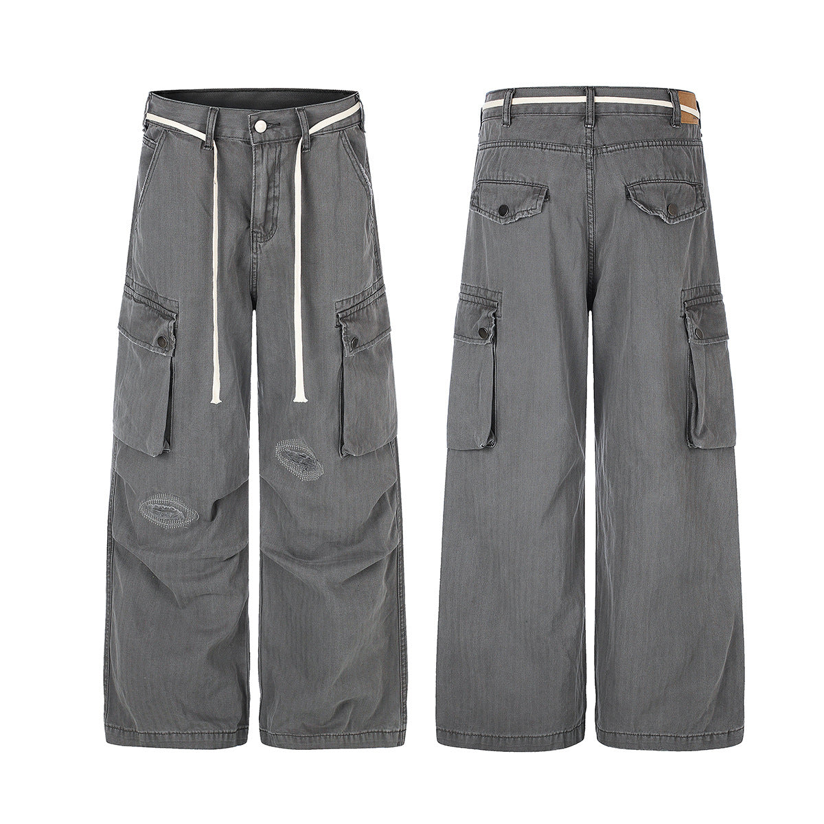 Wide-Legged Cargo Pants – Charcoal Grey Multi-Pocket Straight Leg
