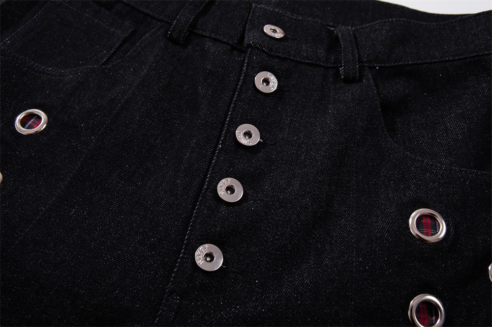 Wide-Leg Denim Jeans with Metal Eyelet Detail & Button Fly