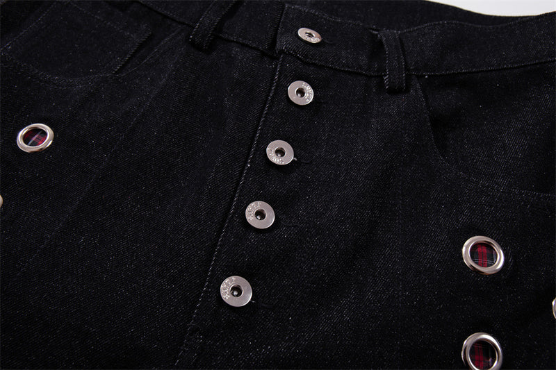 Wide-Leg Denim Jeans with Metal Eyelet Detail & Button Fly
