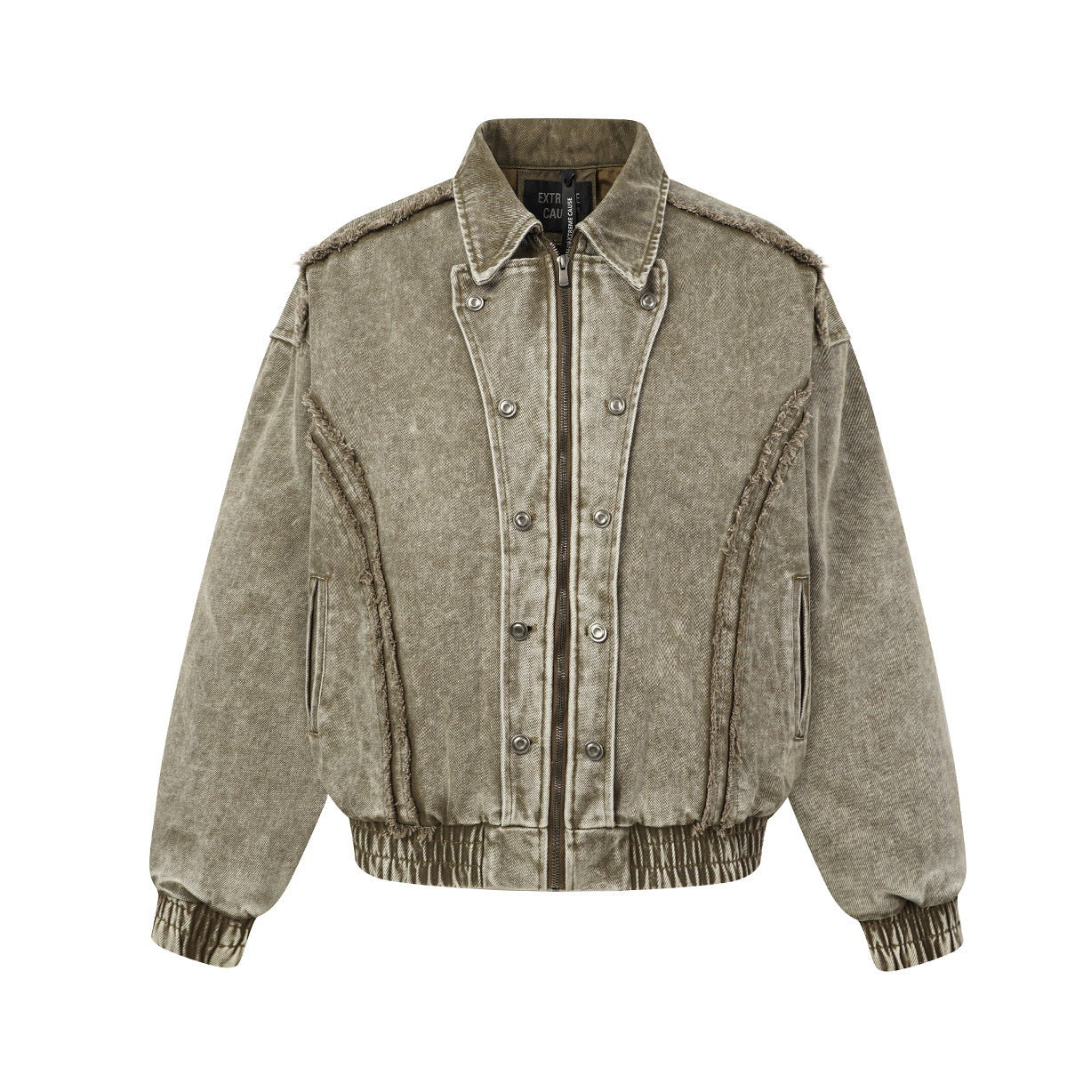 Oversized washed denim bomber jacket with frayed seams and padded lining in coffee brown, front view