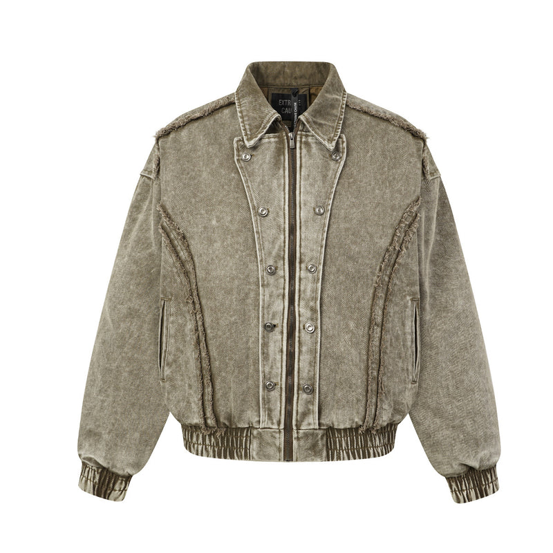 Oversized washed denim bomber jacket with frayed seams and padded lining in coffee brown, front view