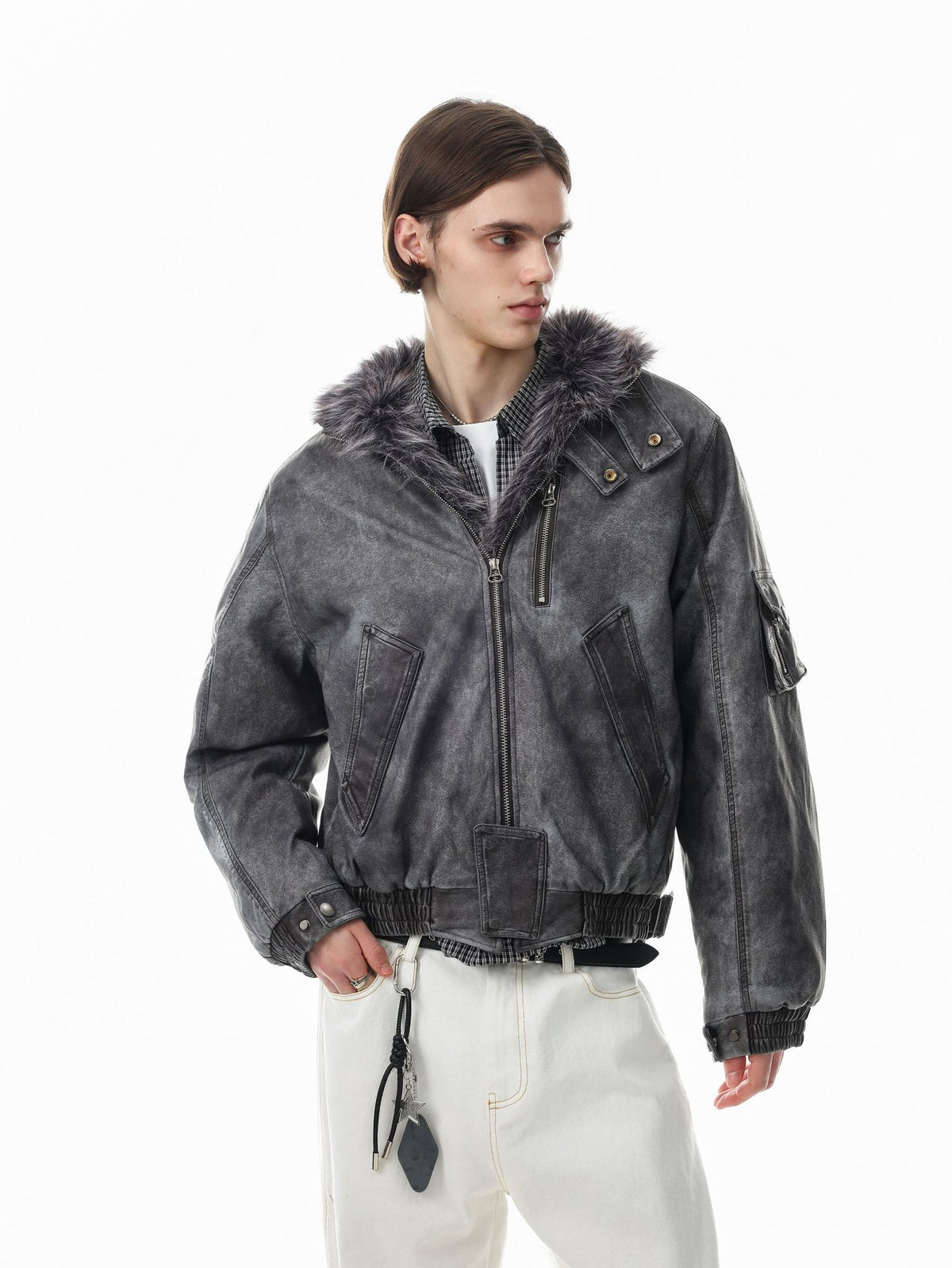 Vintage Washed Bomber Jacket with Faux Fur Collar — Oversized Padded Flight