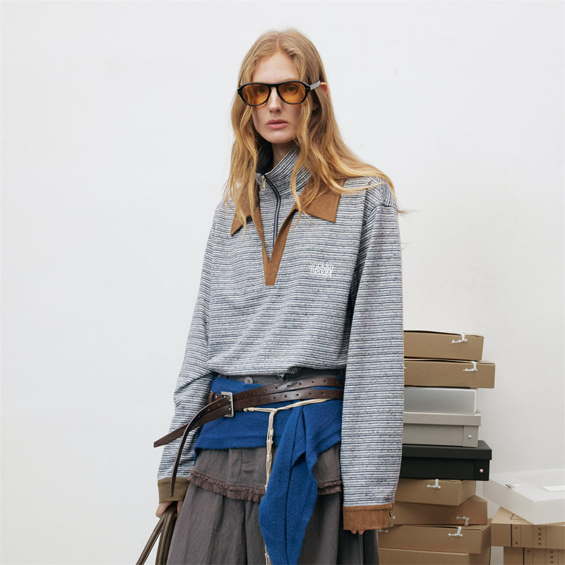Striped Half-Zip Polo Sweatshirt with Suede Collar & Cuffs