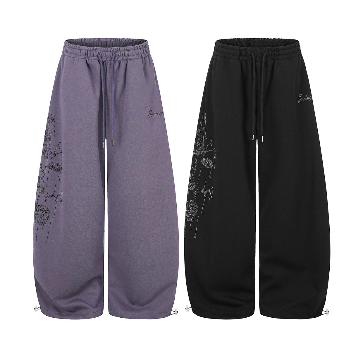 Wide-Leg Sweatpants with Rhinestone Rose Print & Drawstring Waist