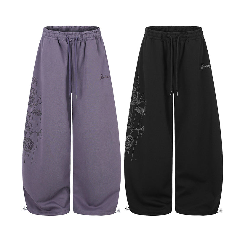 Wide-Leg Sweatpants with Rhinestone Rose Print & Drawstring Waist