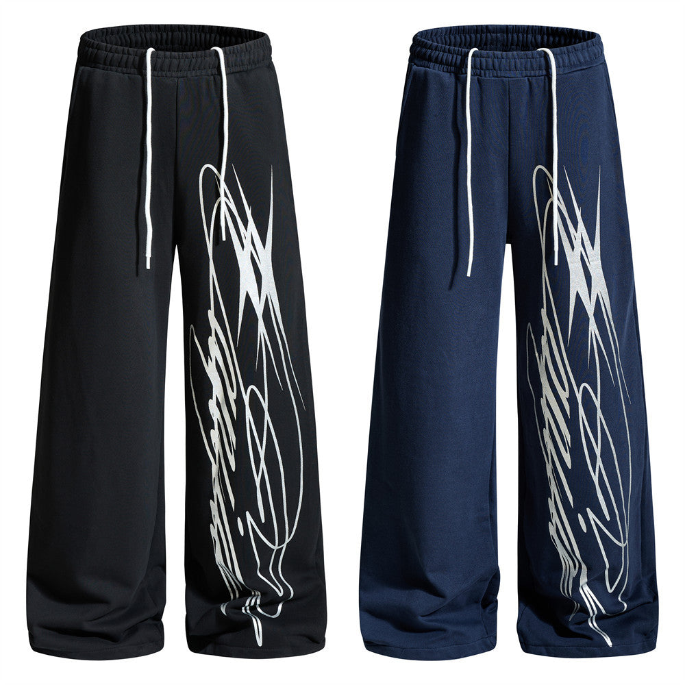 Wide-Leg Graffiti Print Sweatpants – Relaxed Straight-Fit Drawstring Jogger