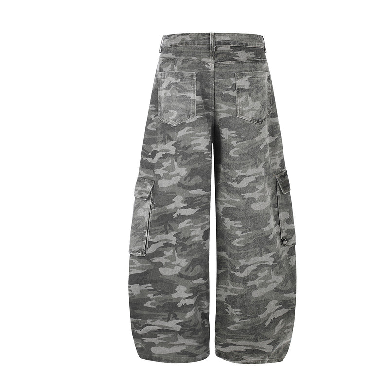 Camo Wide-Leg Cargo Denim Pants with Varsity Patches