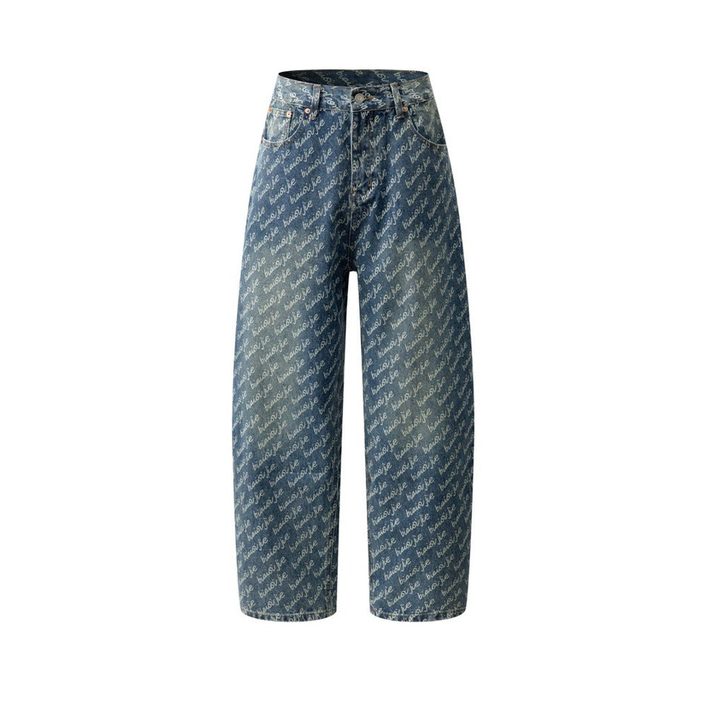Men's Wide-Leg Jeans – Allover Script Letter Print, Loose Straight Fit