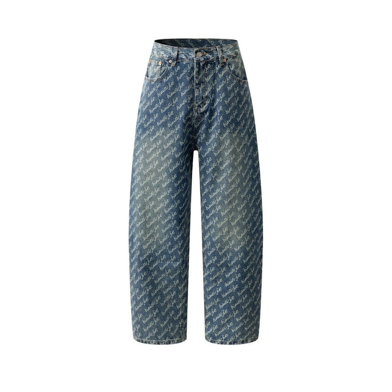 Men's Wide-Leg Jeans – Allover Script Letter Print, Loose Straight Fit