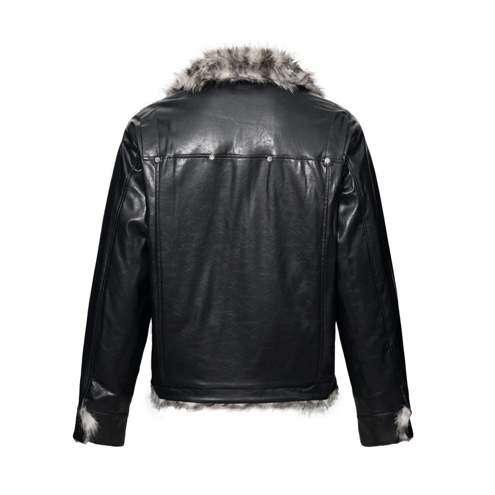 Chaqueta de piel sintética PU negra para hombre con cuello y borde de pelo sintético