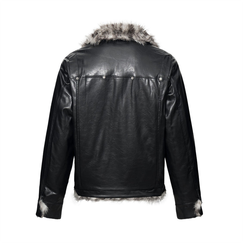 Chaqueta de piel sintética PU negra para hombre con cuello y borde de pelo sintético