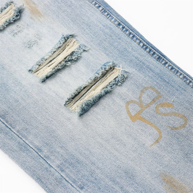 Ripped Wide-Leg Jeans – Men's Mud-Dye Distressed Straight Denim