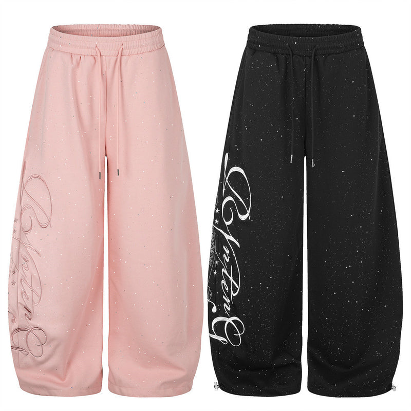 Wide-Leg Sweatpants with Glitter Fabric & Script Graphic Print