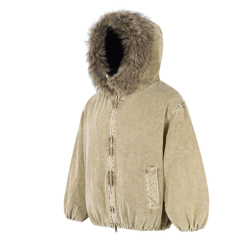 Corduroy Padded Jacket with Faux Fur Hood – Oversized Washed Winter Coat