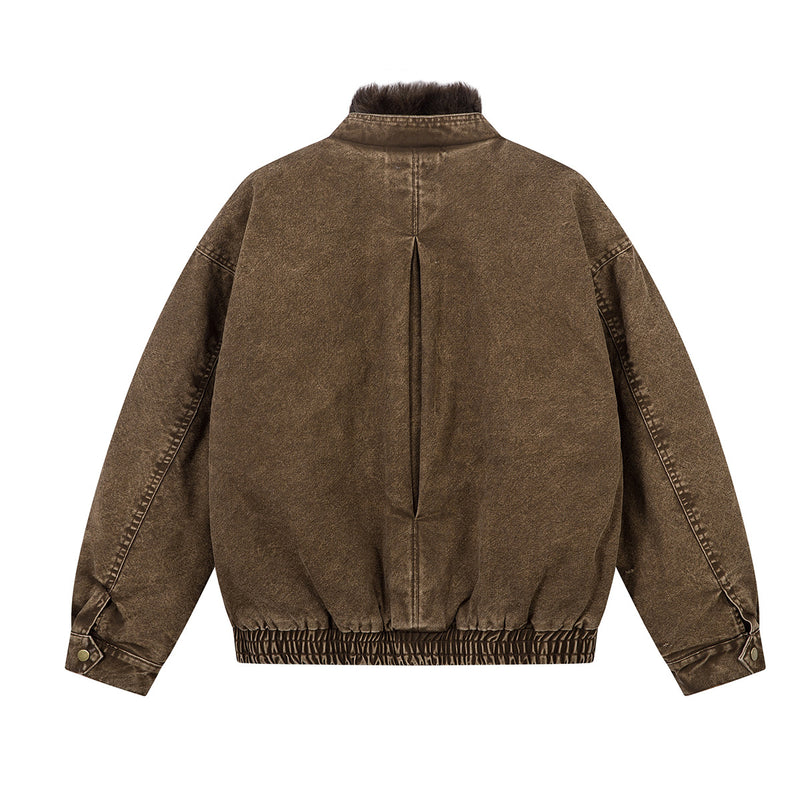 Washed Denim Bomber Jacket with Faux Fur Collar & Fleece Lining – Vintage
