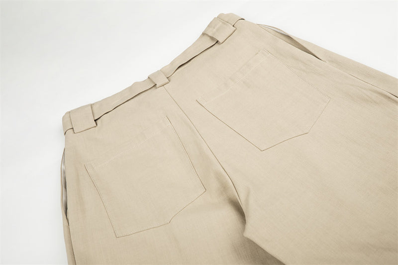 Wide-Leg Pleated Trousers with Button Fly and Belt Ties
