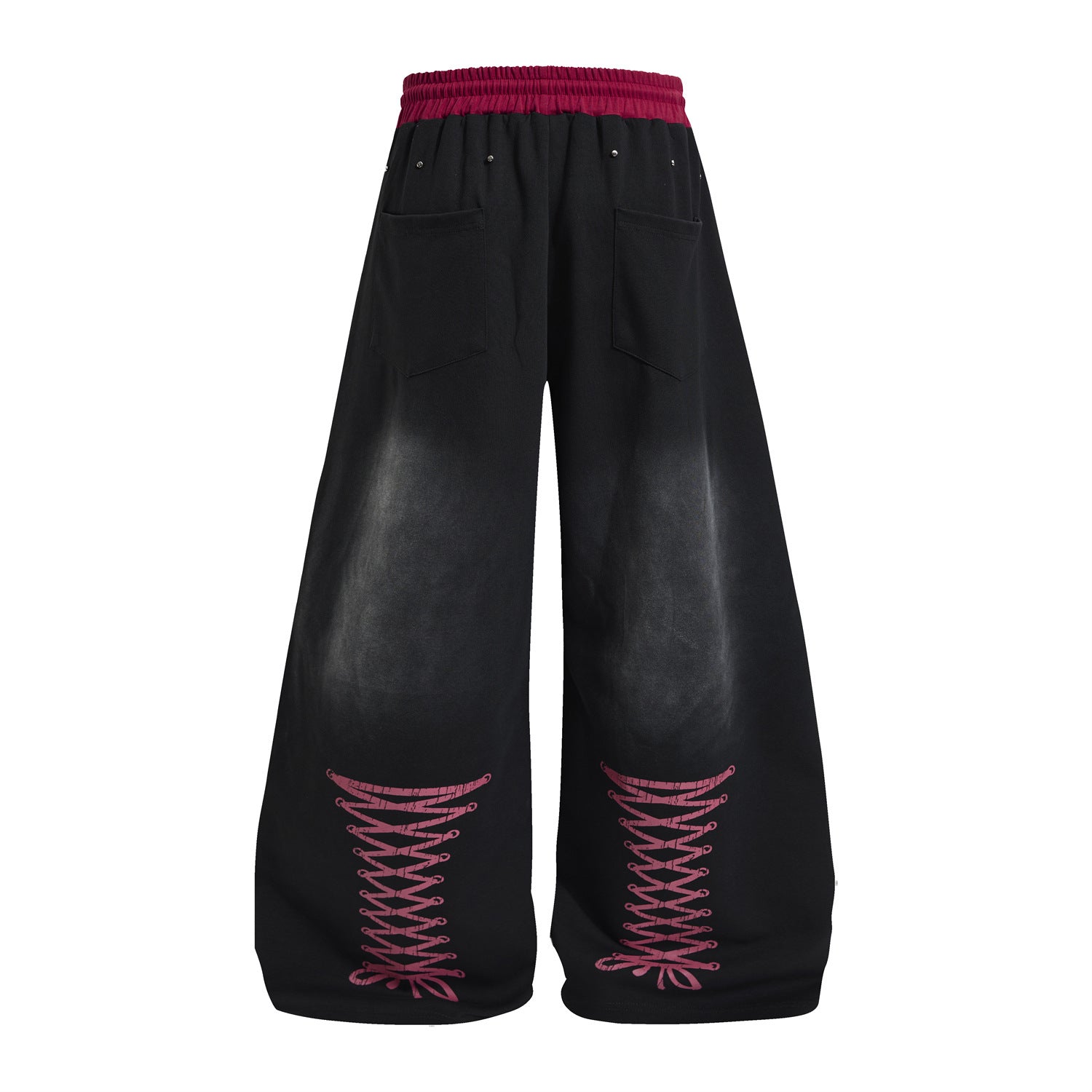 Wide Leg Acid Wash Sweatpants with Contrast Red Waistband & Graphic Print