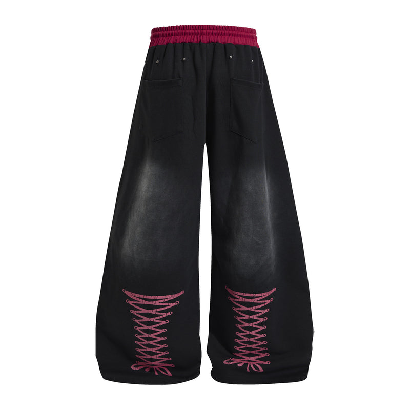 Wide Leg Acid Wash Sweatpants with Contrast Red Waistband & Graphic Print