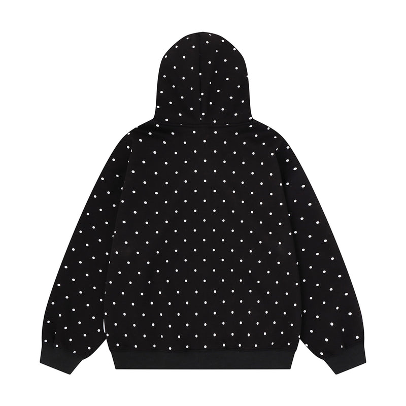 Polka Dot Zip-Up Hoodie with 3D Cat Patch & Star Embroidery – Oversized Unisex