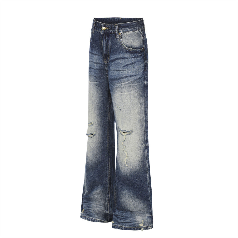 Wide Leg Distressed Jeans – Men's Vintage Wash Flare Denim Pants