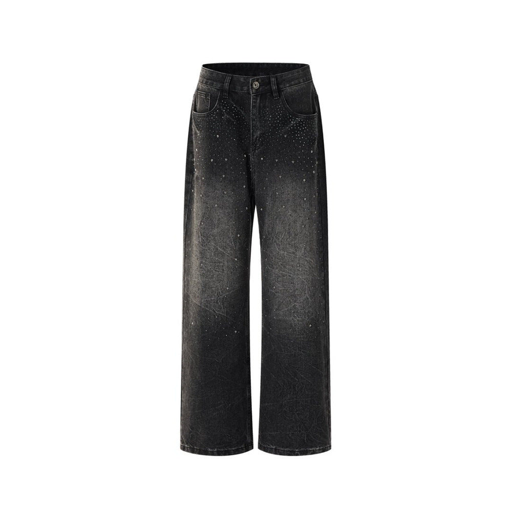 Men's Relaxed Fit Jeans – Washed Black Straight-Leg Rhinestone Star Denim