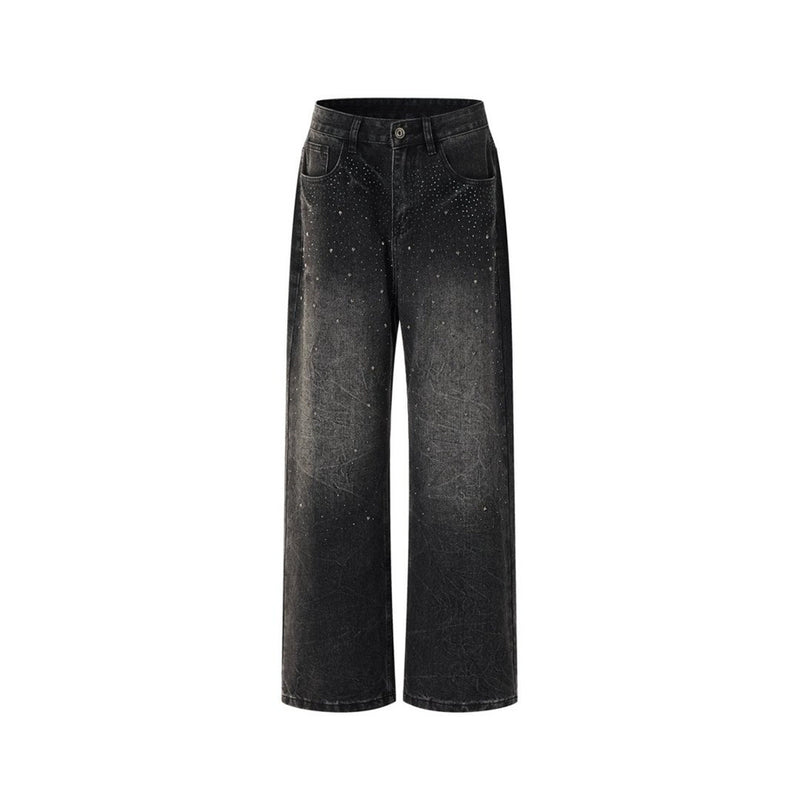 Men's Relaxed Fit Jeans – Washed Black Straight-Leg Rhinestone Star Denim