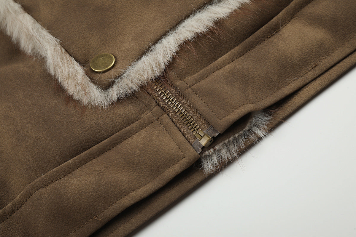 Faux Suede Shearling-Lined Moto Jacket with Buckle Straps