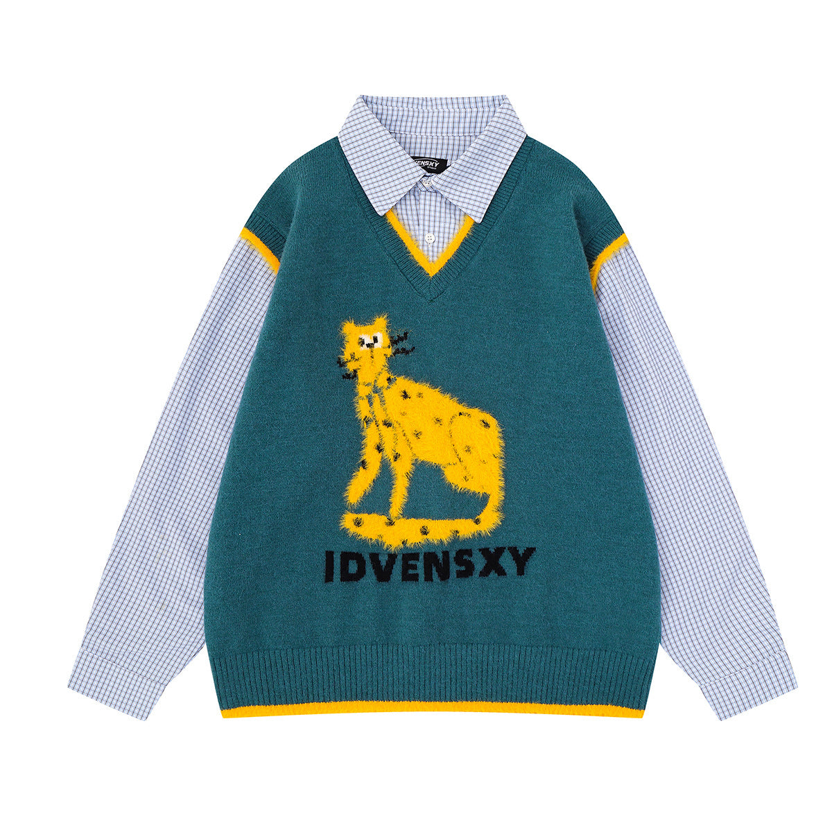 Cat Sweater for Humans – Layered Knit Vest & Plaid Shirt Two-Piece Look