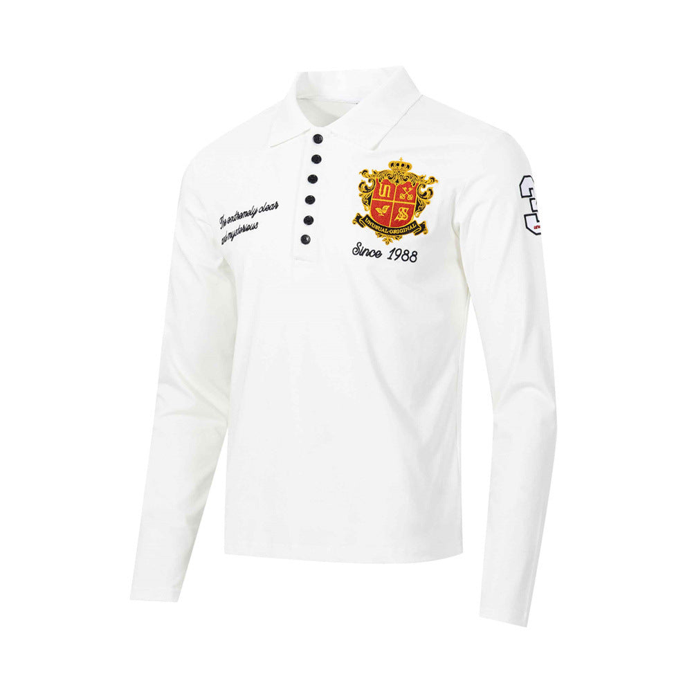 Men's Long Sleeve Polo Shirt with Embroidered Crest Badge