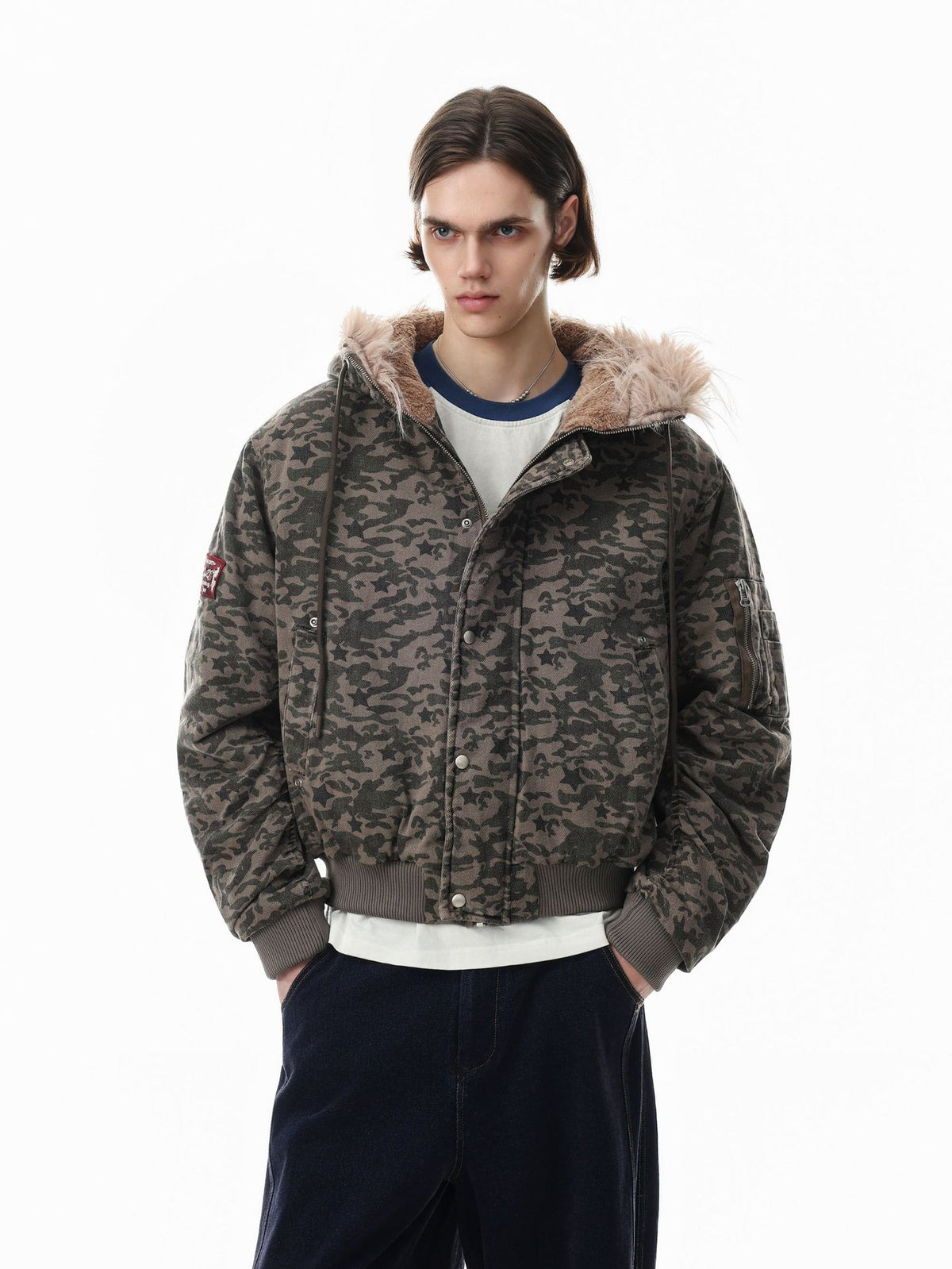 Camouflage Star-Print Padded Bomber Jacket with Faux Fur Hood