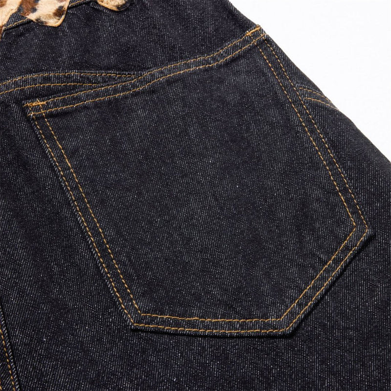 Loose Fit Jeans Men – Black Wide-Leg Denim with Leopard Print Appliqué Patches