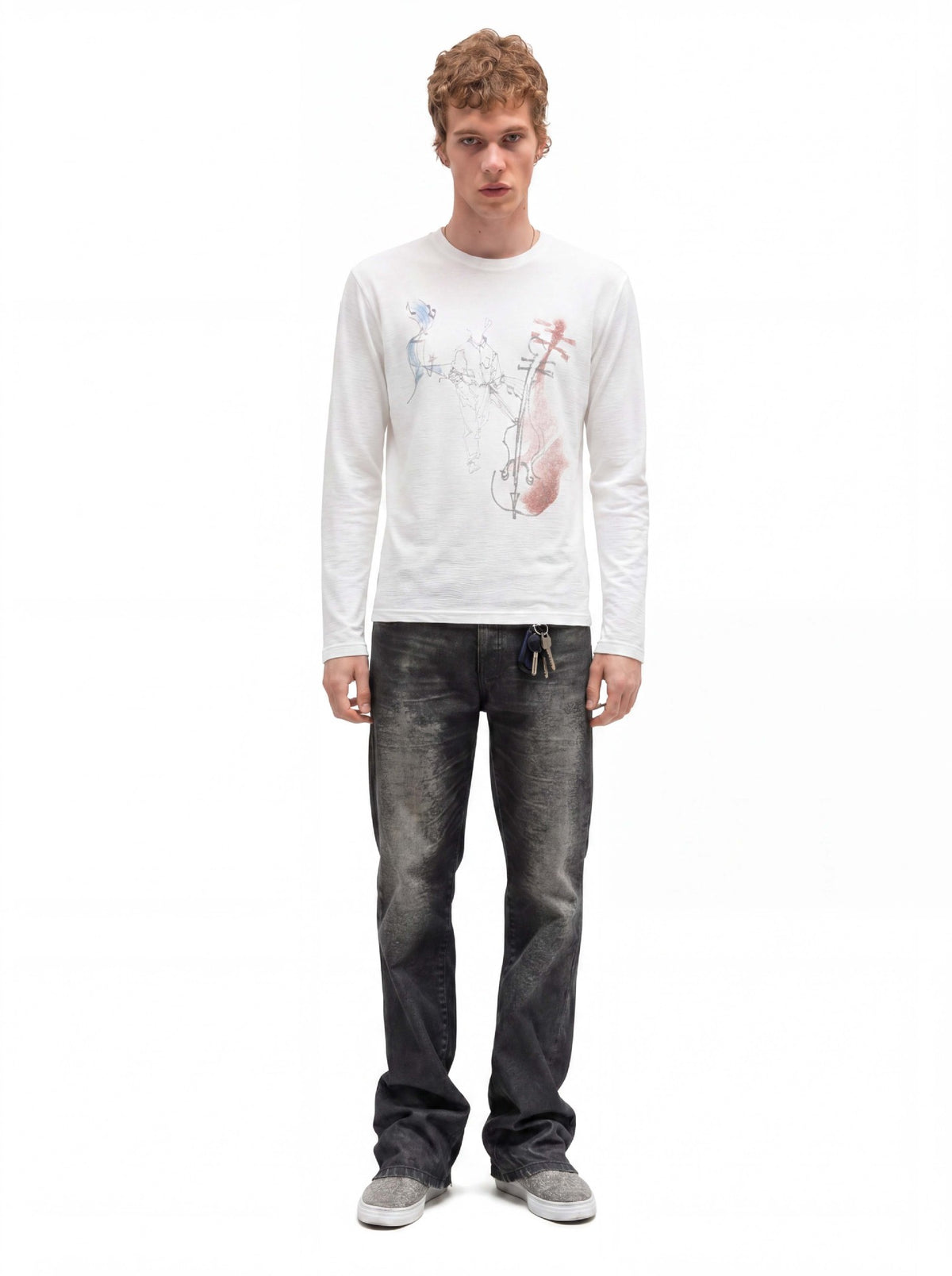 Long Sleeve Graphic Shirt – Cello Musician Sketch Print, Relaxed Fit