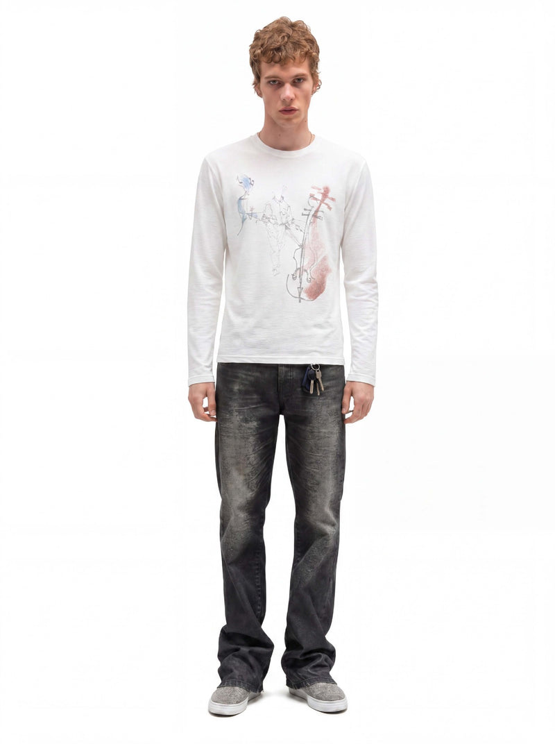 Long Sleeve Graphic Shirt – Cello Musician Sketch Print, Relaxed Fit