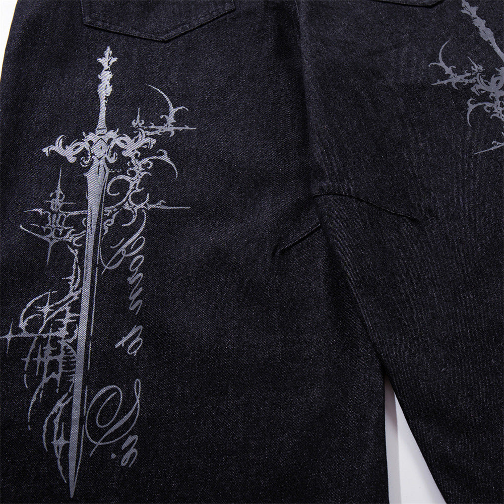 Wide-Leg Jeans – Gothic Cross & Sword Print Black Denim, Baggy High-Street Fit