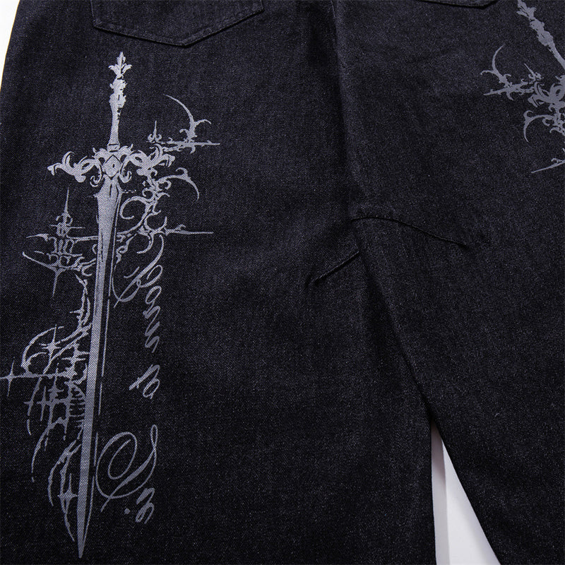 Wide-Leg Jeans – Gothic Cross & Sword Print Black Denim, Baggy High-Street Fit