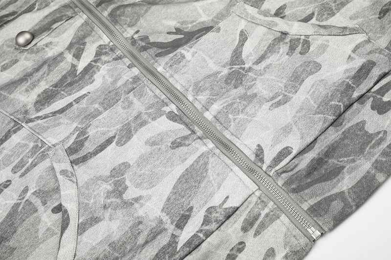 Sudadera con capucha y cremallera de camuflaje, oversize de estilo militar con botones plateados