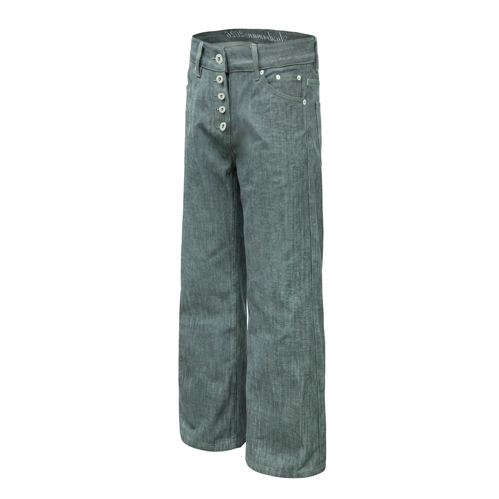 Wide-Leg Jeans Men's Button-Fly Straight Denim Pants – Lake Green