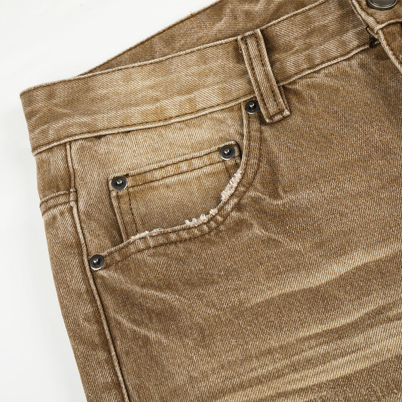 Men's Distressed Wide-Leg Flare Jeans – Vintage Sand-Washed Brown Denim