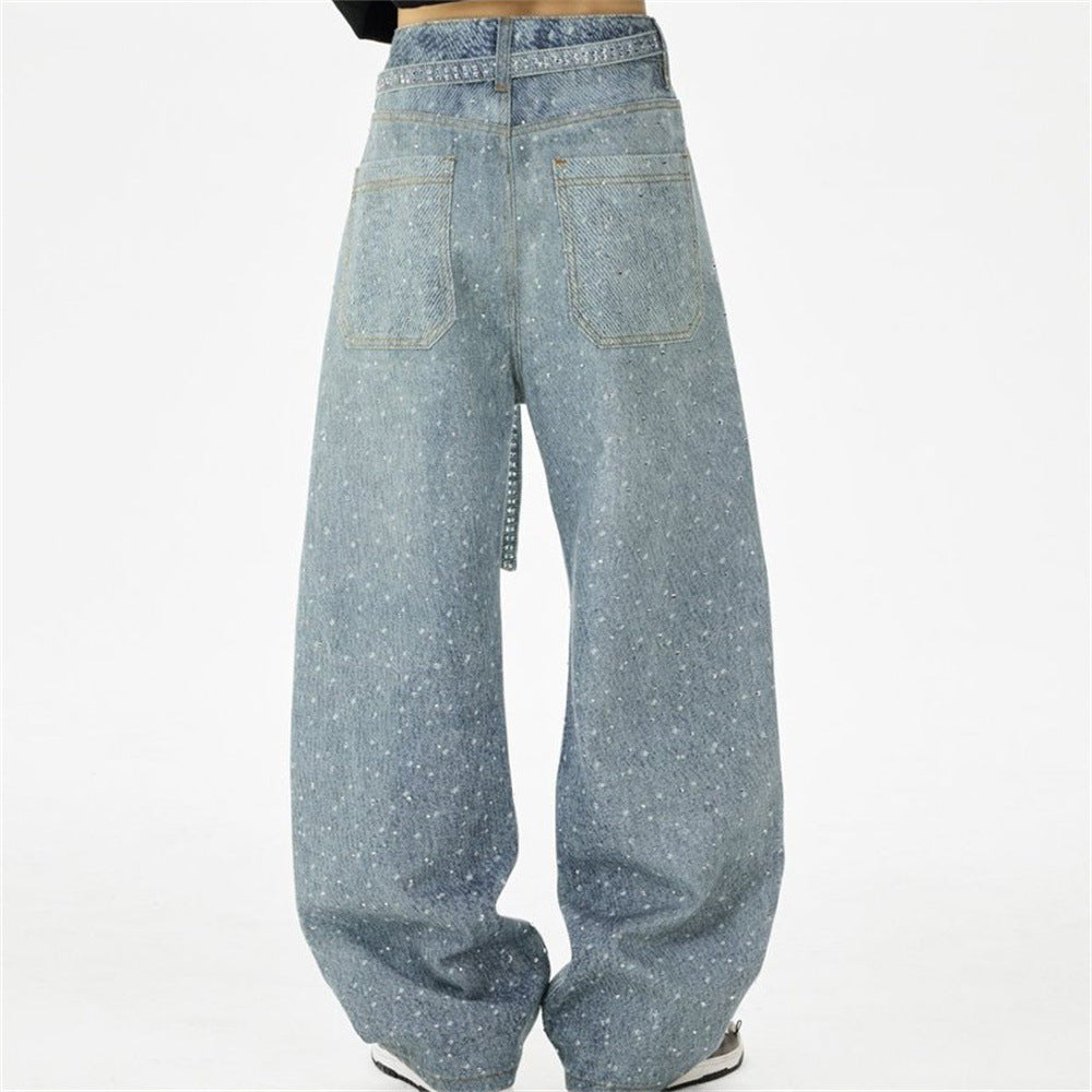 Y2K Baggy Jeans Mens Wide-Leg Rhinestone Embellished Denim Pants