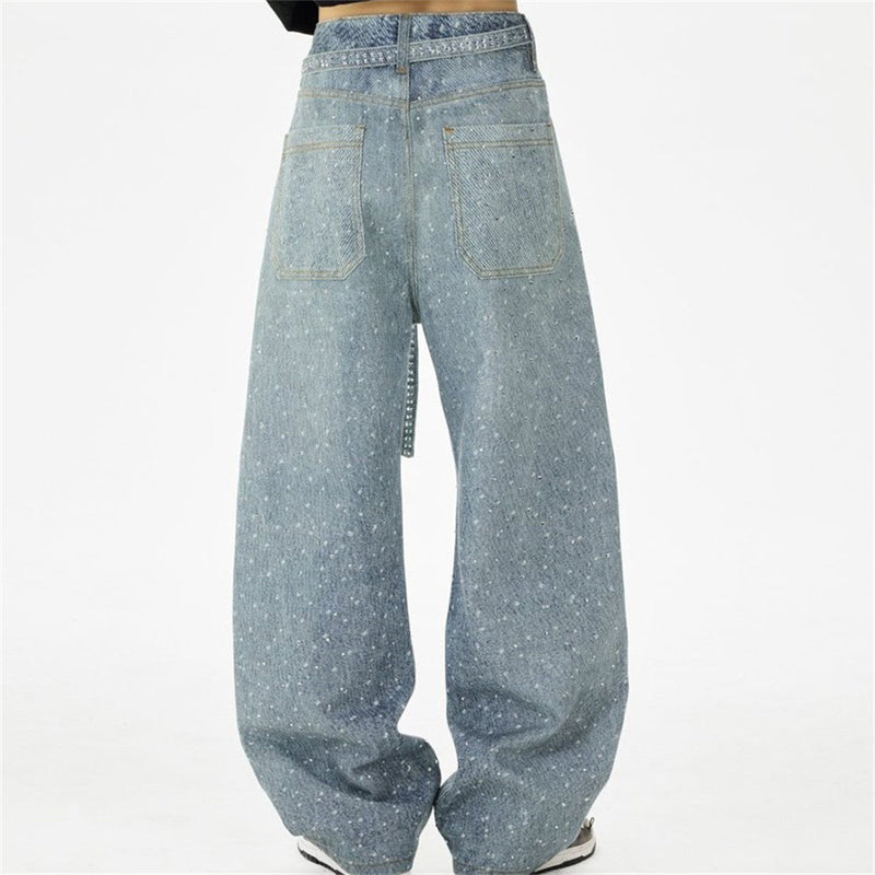 Y2K Baggy Jeans Mens Wide-Leg Rhinestone Embellished Denim Pants