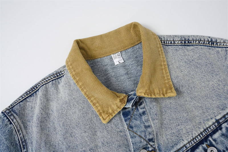 Veste en denim délavé à l’acide avec col en velours côtelé – Coupe oversize streetwear