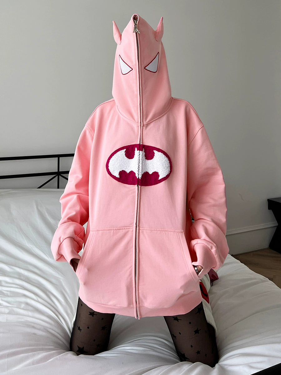 Von Batman inspirierter Hoodie – Übergroßes, rosa Superhelden-Sweatshirt mit Reißverschluss, 400 g/m²