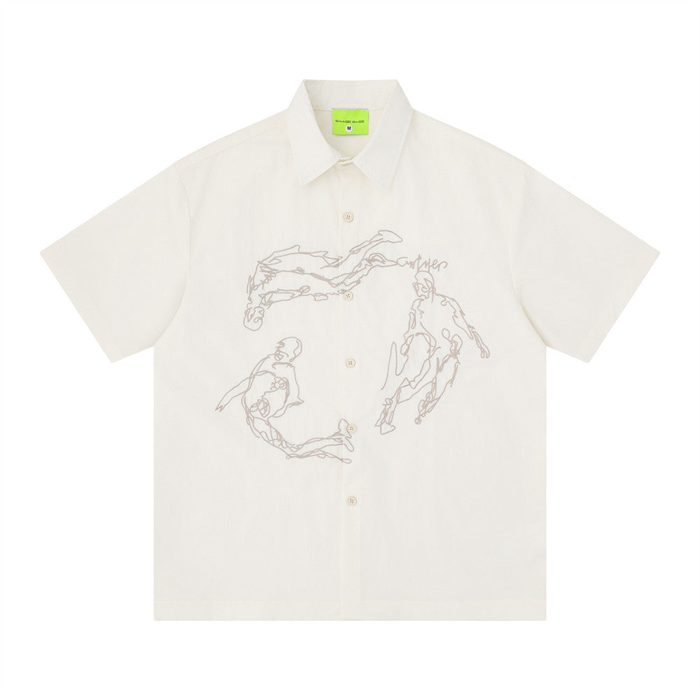 Abstract Figure Embroidered Short Sleeve Shirt – Oversized Casual Button-Up